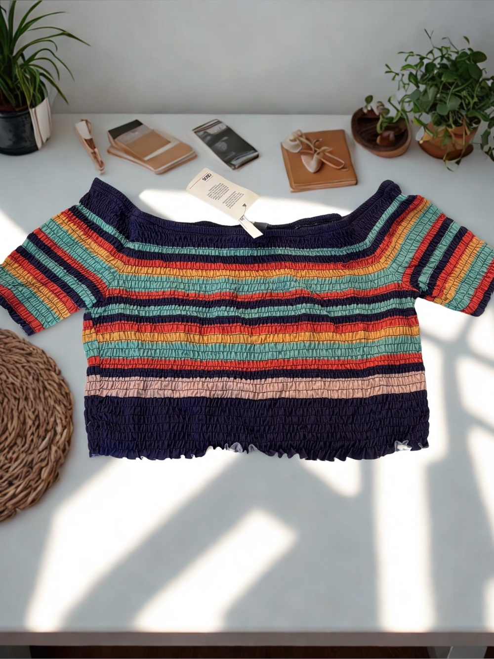 New NWT ASOS shirred stretch elastic Rainbow Pleated Crop Top off shoulder L 14